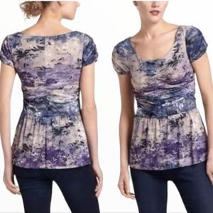 ANTHROPOLOGIE Postmark Watercolor Blue Purple Peplum Rouched Blouse X-Small